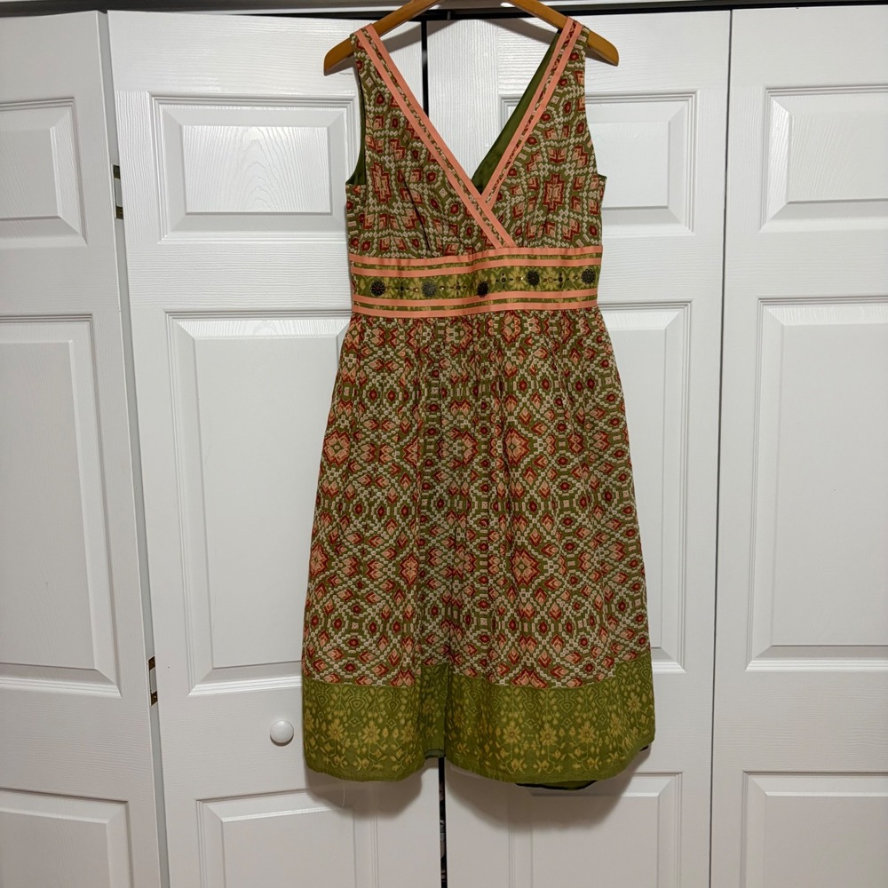 Robbie Bee Fit and Flare Dress Womens 12 Green Pink Geometric Ikat Boho Core